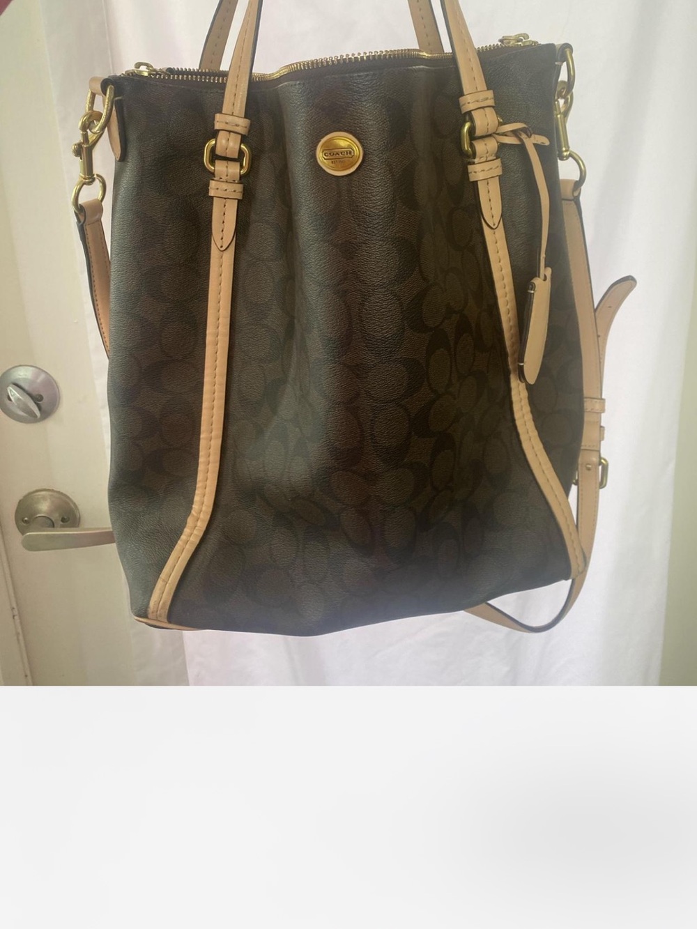 Coach Brown Signature Monogram Tote with Light Tan Trim
